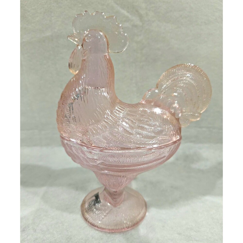 Circleware Pink Glass Rooster Covered Candy Dish Pedestal 2 Piece MINT No Chips